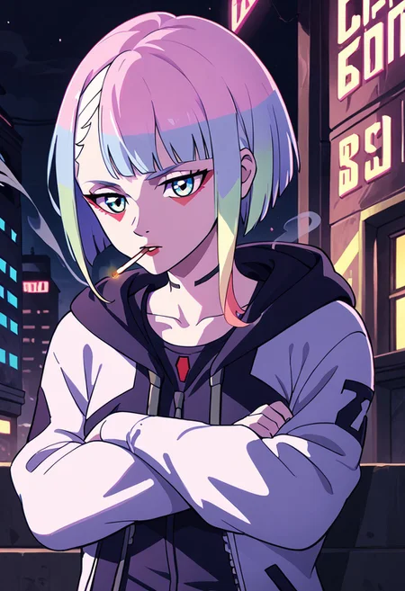 score_9,score_8_up,score_7_up,
<lora:Lucy_Pony:1>,
Lucyna,lucy,cyberpunk,1girl,solo,hood,cigarette,smoking,jacket,short hair,multicolored hair,2d,2D Animation,bangs,smoke,hood up,hoodie,makeup,blue eyes,long sleeves,night,crossed arms,dim light,dark,beautiful detailed eyes,