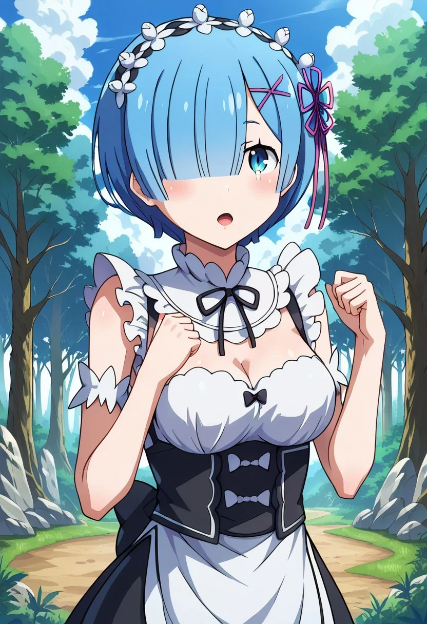 Rem, blue hair,
<lora:RemV1:0.7>,
standing, hands up,
outdoors, forest, nature