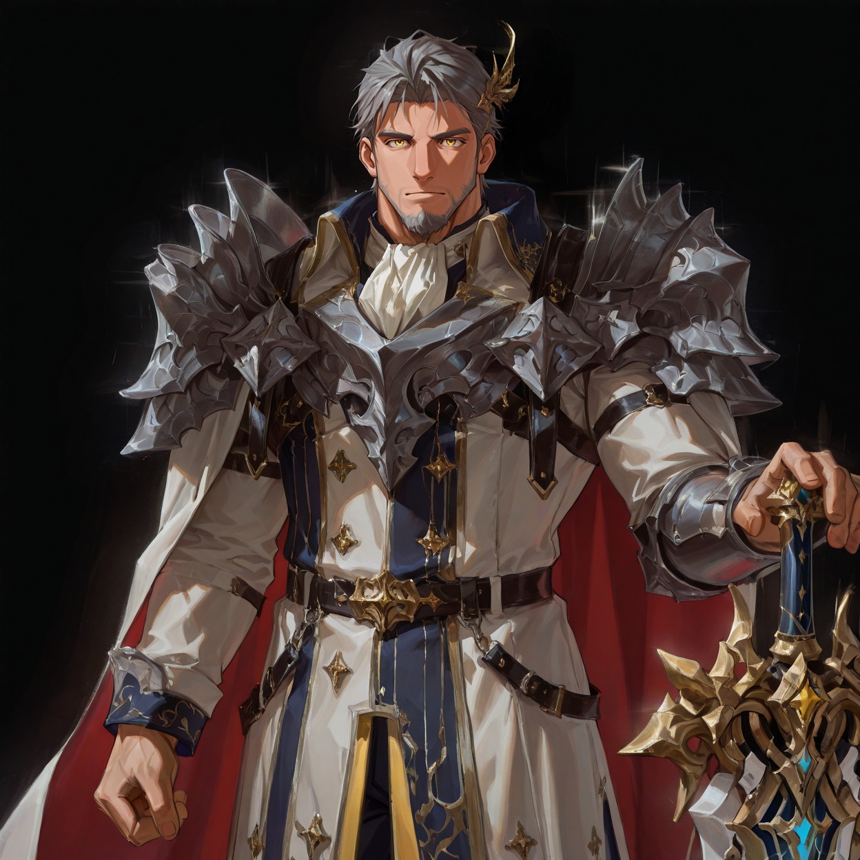 <lora:Zain_Alchemist_Code-000003:.8>, (tagatamezain, 1boy, short hair, grey hair, yellow eyes, hair ornament, solo, male focus, manly, mature male, bara, muscle body, armor, coat, ascot, cape, pants, shoes, greatsword,)
looking at the viewer, cowboy shot, 
(very short hair, beard, bara, mature, facial hair, stubble, beard, full beard, sideburn, beard, a lot of beard, ), facial hair,male focus, muscular male, muscular male, bara, mature,  bara, mature, aixiwuganda_(20222192), very awa, masterpiece, best quality, absurdres, newest, perfect quality, detailed background, intricate details,
<lora:slider_Body Type_alpha1.0_rank4_noxattn_last:3><lora:Anime Summer Days 2 Style SDXL_LoRA_Pony Diffusion V6 XL:.6><lora:slider_cfg_scale_boost:.7><lora:Artist6p:.55>, Artist6p, Artist04p,<lora:slider_il_brightness_slider_d1:-1><lora:slider_il_contrast_slider_d1:-1><lora:slider_DarkSlider1.2_alpha1.0_rank16_full_300steps:-.6>