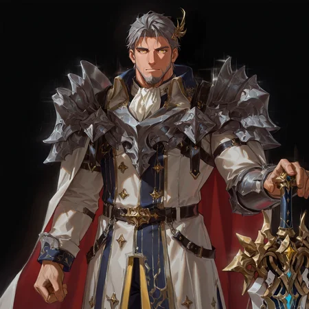 <lora:Zain_Alchemist_Code-000003:.8>, (tagatamezain, 1boy, short hair, grey hair, yellow eyes, hair ornament, solo, male focus, manly, mature male, bara, muscle body, armor, coat, ascot, cape, pants, shoes, greatsword,)
looking at the viewer, cowboy shot, 
(very short hair, beard, bara, mature, facial hair, stubble, beard, full beard, sideburn, beard, a lot of beard, ), facial hair,male focus, muscular male, muscular male, bara, mature,  bara, mature, aixiwuganda_(20222192), very awa, masterpiece, best quality, absurdres, newest, perfect quality, detailed background, intricate details,
<lora:slider_Body Type_alpha1.0_rank4_noxattn_last:3><lora:Anime Summer Days 2 Style SDXL_LoRA_Pony Diffusion V6 XL:.6><lora:slider_cfg_scale_boost:.7><lora:Artist6p:.55>, Artist6p, Artist04p,<lora:slider_il_brightness_slider_d1:-1><lora:slider_il_contrast_slider_d1:-1><lora:slider_DarkSlider1.2_alpha1.0_rank16_full_300steps:-.6>