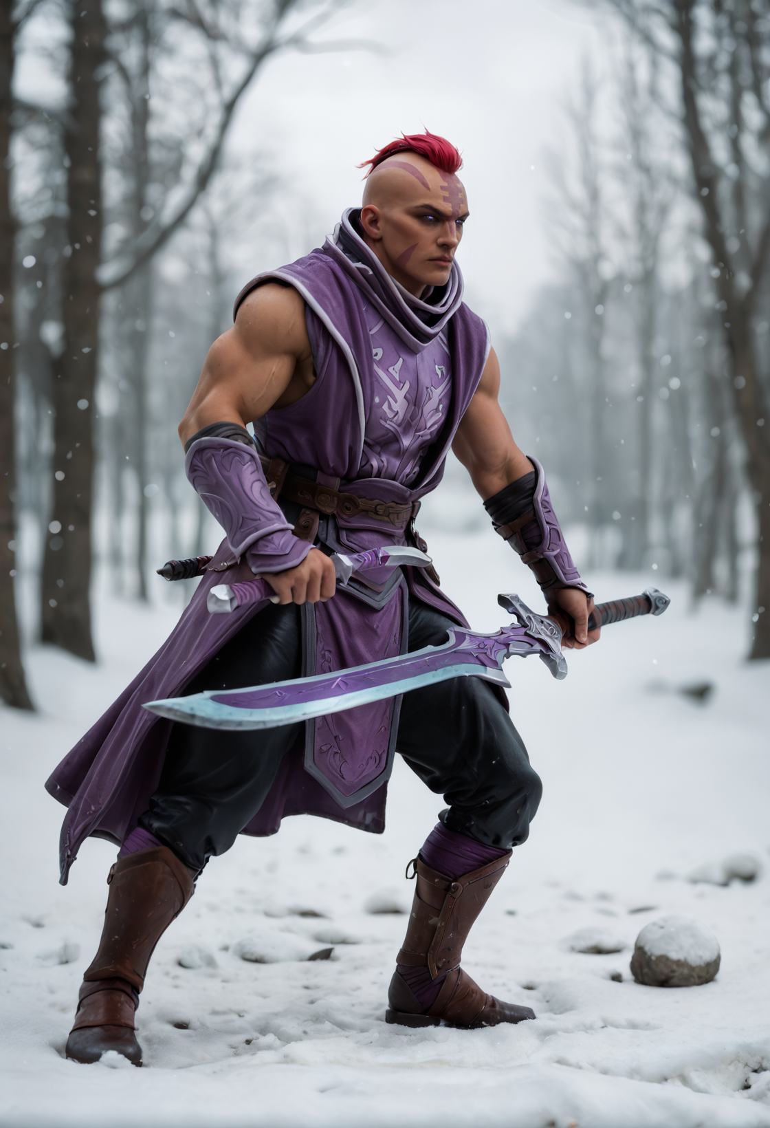 anti_mage_v1, 1boy,
dark skin, dark-skinned male,
muscular, muscular male,
mohawk,red hair, bald,
scar,
purple eyes, no pupils, blank eyes,
facial marks,
 sleeveless,  purple cloth
<lora:anti_mage_V1:1>
weapon,, score_9, score_8_up, score_7_up, score_6_up, derpibooru_p_95, 
detailed eyes, beautiful, detailed background, perfect eyes, 
solo, 
blur censor, blurry, blurry background, blurry foreground, bokeh, motion blur,
chromatic aberration, depth of field, figure, focused,  focus
photography, realistic sun light and shadows, photorealism, UHD --ar 9:16 --style raw --stylize 700,
rating_safe, cinematic, cinematic photo, close-up, portrait, orange rim lighting, atmospheric, bokeh, dynamic angle, vibrant lighting, dramatic shadows, highly detailed, realistic, high contrast, extremely detailed, photorealistic, professional, detailed skin, depth of field, film grain,