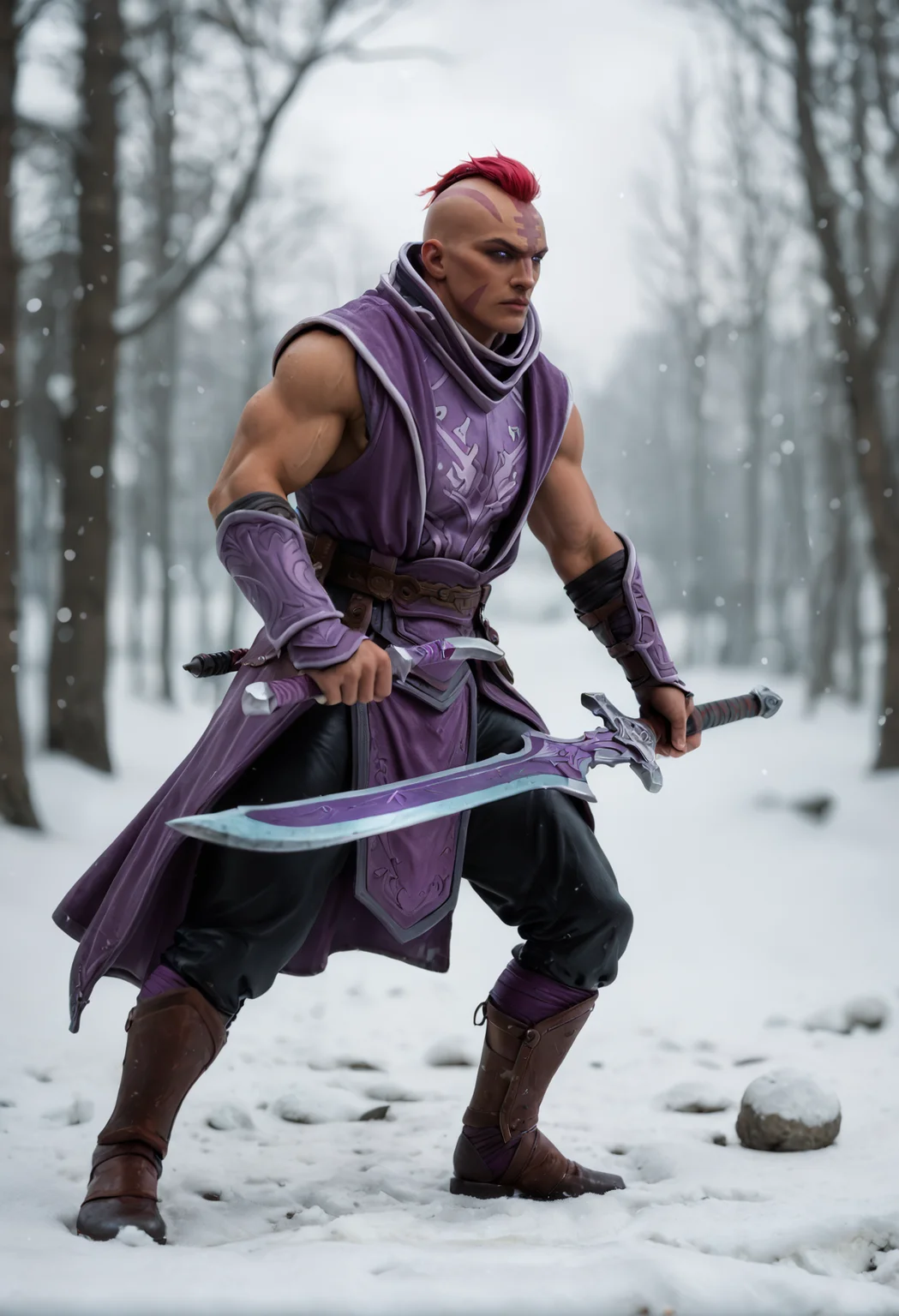 anti_mage_v1, 1boy,
dark skin, dark-skinned male,
muscular, muscular male,
mohawk,red hair, bald,
scar,
purple eyes, no pupils, blank eyes,
facial marks,
sleeveless, purple cloth
<lora:anti_mage_V1:1>
weapon,, score_9, score_8_up, score_7_up, score_6_up, derpibooru_p_95,
detailed eyes, beautiful, detailed background, perfect eyes,
solo,
blur censor, blurry, blurry background, blurry foreground, bokeh, motion blur,
chromatic aberration, depth of field, figure, focused, focus
photography, realistic sun light and shadows, photorealism, UHD --ar 9:16 --style raw --stylize 700,
rating_safe, cinematic, cinematic photo, close-up, portrait, orange rim lighting, atmospheric, bokeh, dynamic angle, vibrant lighting, dramatic shadows, highly detailed, realistic, high contrast, extremely detailed, photorealistic, professional, detailed skin, depth of field, film grain,