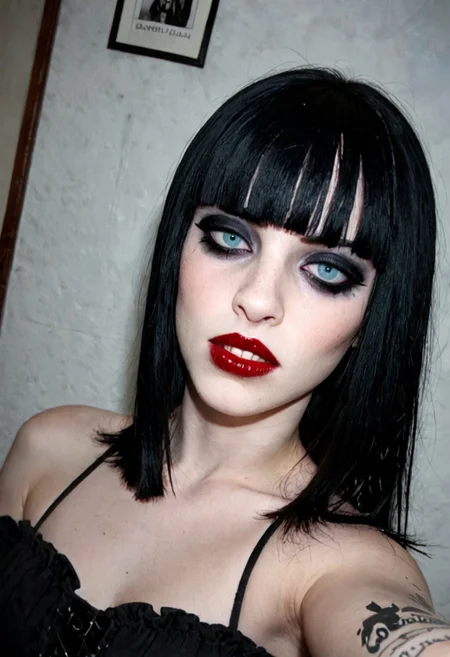 BREAK, RAW, horsefaced, teeth, medium_shot, 1girl, portrait of a beautiful goth, Horsefaced, black hair, black bangs, Blunt bangs paired with shoulder-length hair, pale skin, red lips, cute, eyeliner, makeup, seductive stare, tired eyes, upturned eyes, eyelashes, bangs covering forehead, long face, rectangle head, long nose, Goth Girl, looking at the viewer, shelly duval, subtle smile, visible teeth, oval jawline, hair covering forehead, bust up photo, selfie, black fingernails, gothic top, slf