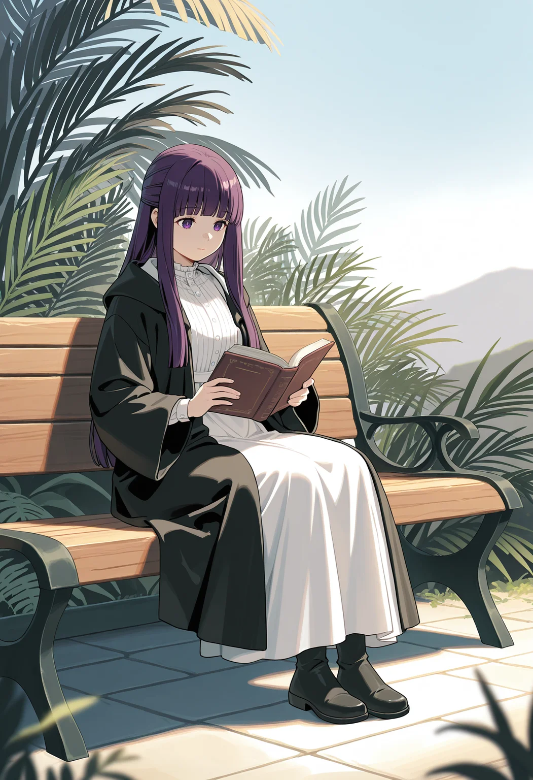Fern,Fern,solo,book,sitting,holding,holding book,dress,white dress,outdoors,black footwear,black robe,blunt bangs,black coat,reading,sidelocks,full body,open book,robe,coat,long sleeves,sky,closed mouth,bench,cut bangs,
