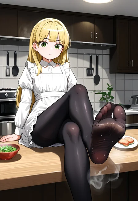 dress, white socks, sfw, crossed legs, sitting on table, kitchen, , green eyes, , black pantyhose, soles, steamy soles:1.8, sweaty feet:1.2, lumima, blonde hair, housewife