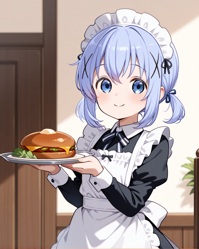 <lora:Chino_Kafuu:1> chino_kafuuor, 1girl, the maid's outfit, holding a tray with a plate of food, smiles