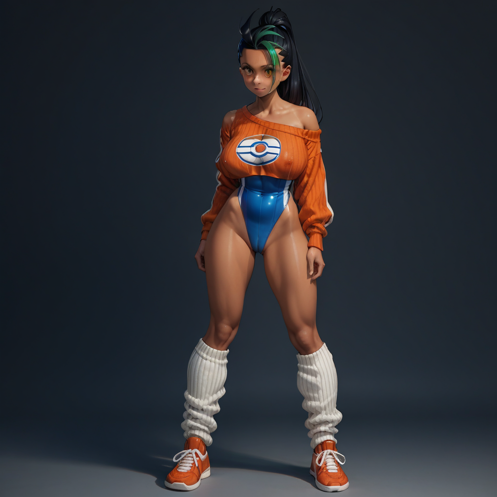((score_9)),score_8_up,score_7_up,score_6_up,score_5_up,score_4_up, retro_workoutwear, source_pokemon, Nemona, BREAK, aged_up, large breasts, 20 year old female, Nemona\(Pokemon\), 1woman, dark-skinned_female, streaked hair, retro_workoutwear, 1980s_(style), aerobics, headband, off_shoulder, highleg_leotard, leg_warmers, thong_leotard, cropped_sweater, leg_warmers, sneakers, studio,