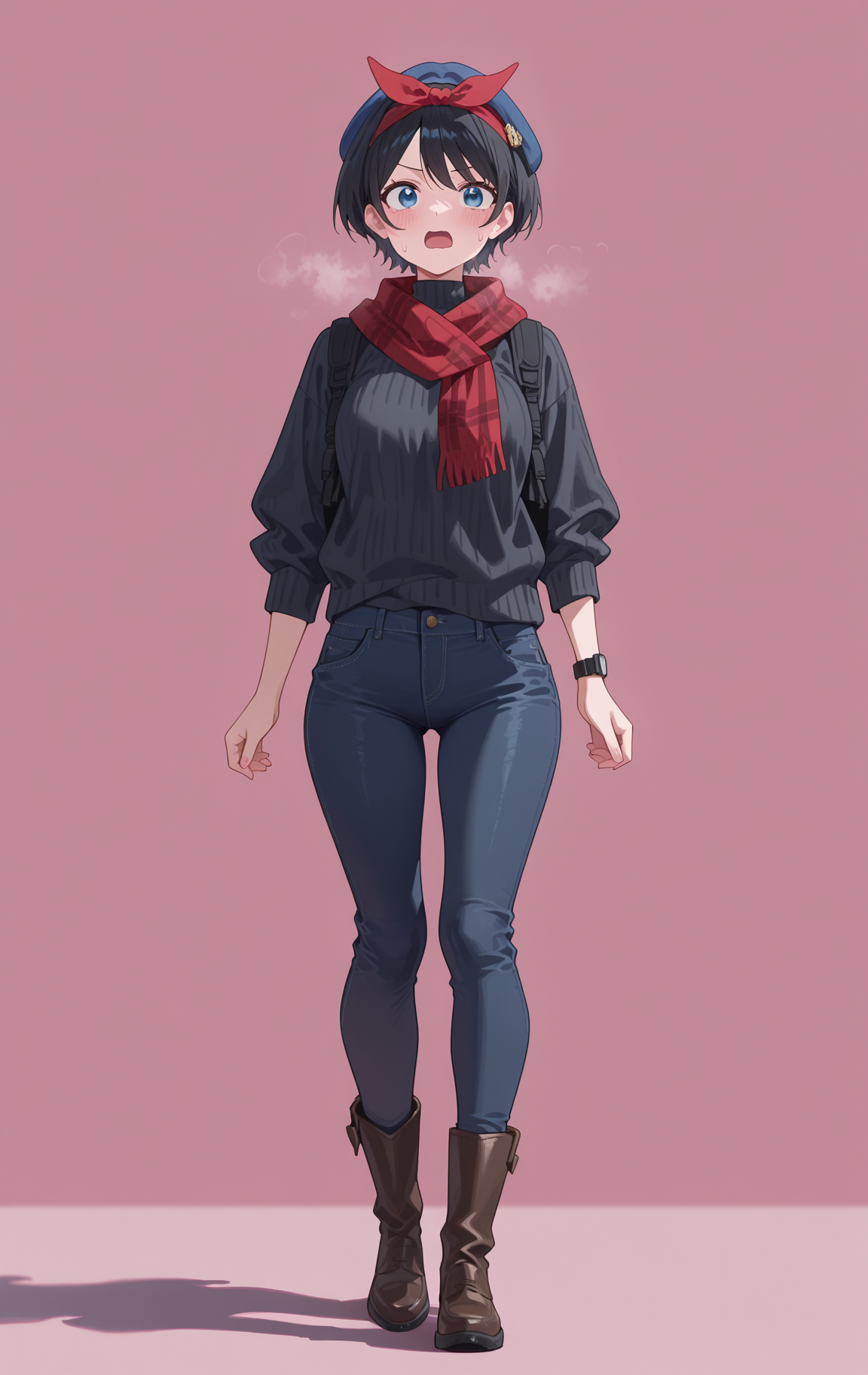 perfect quality,high quality,masterpiece,best quality,amazing quality,very aesthetic,absurdres,Cinematic Lighting,newest,Tactical use of shadow,
front view,full_shot,Ecstatic expression,
SarashinaRukaCYQL,<lora:SarashinaRukaCYQL:1>,1girl,solo,short hair,black hair,bangs,hairband,blue eyes,yuppy style, [black|dark] blue turtleneck sweater, dark denim jeans, leather boots, elegant, hat and scarf, glasses, watch,
full body,standing,shading_eyes,,
dark_pink background,simple background,
<lora:spo_sdxl_10ep_4k-data_lora_webui:0.5>,<lora:EtherSDXL:0.6>,EtherStyle,<lora:illustrious_quality_modifiers_masterpieces_v1:0.7>,
