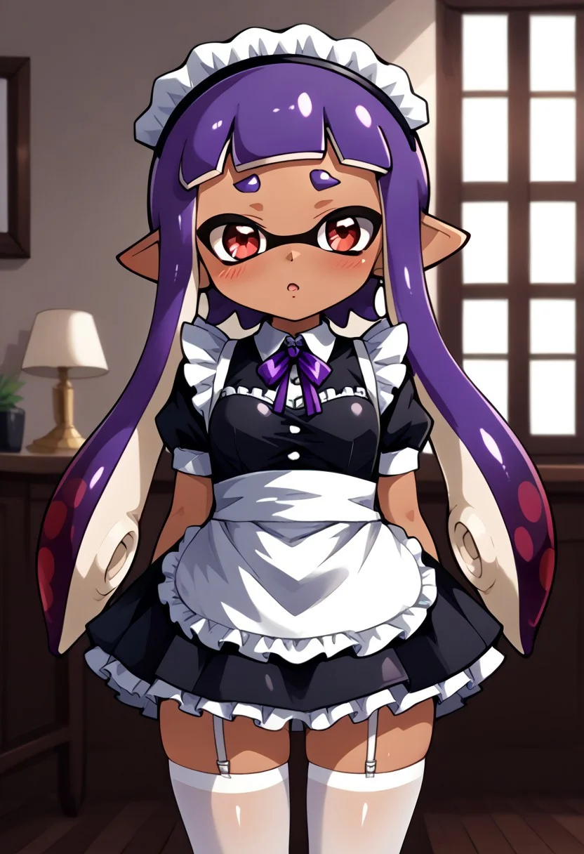 high quality, solo, 1girl, inkling girl, maid outfit, brown skin, red eyes, long purple hair, antiBlurV2,