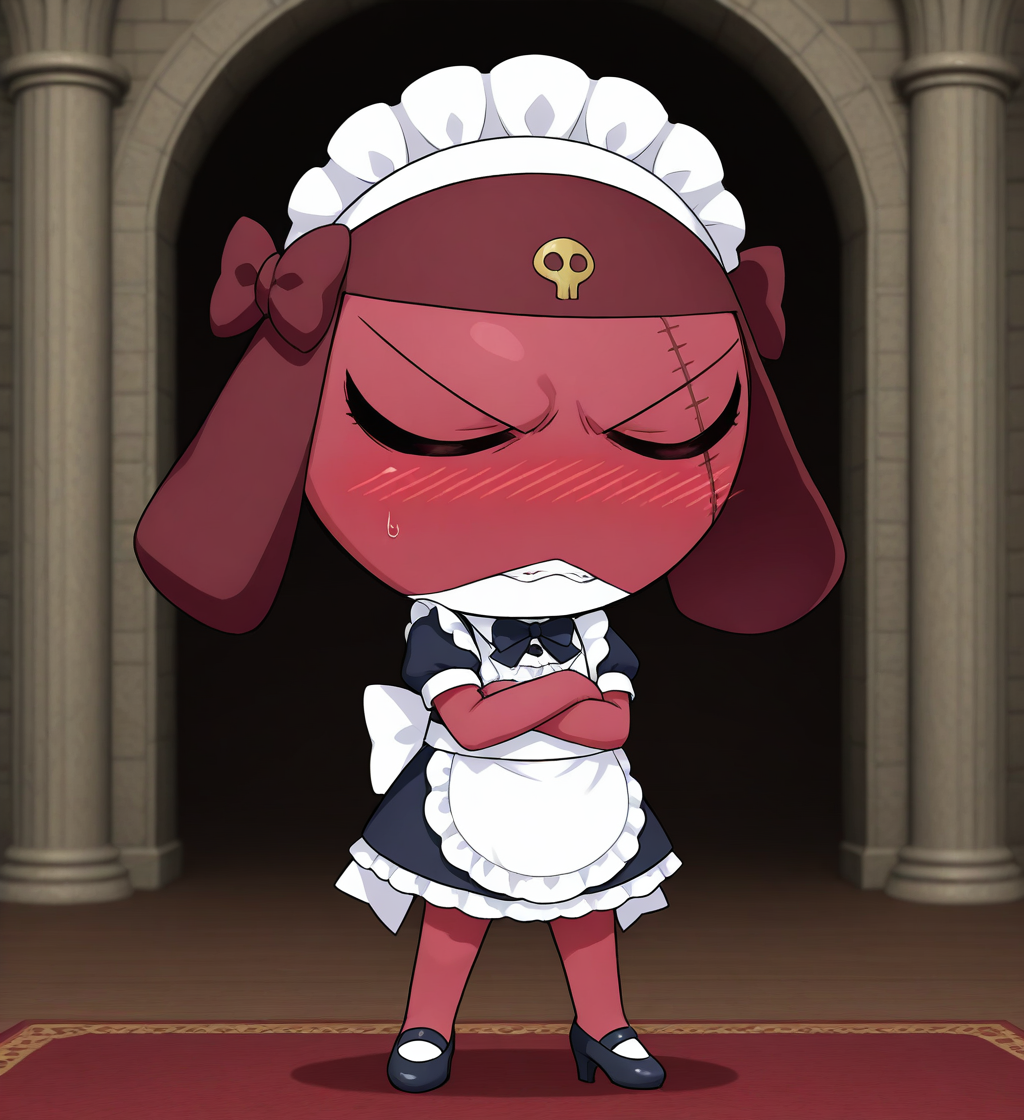 high resolution, best quality, 4k, 3d, 3d render, solo, blush, wavy mouth, clenched teeth, male, three-quarter view, crossdressing, maid outfit, black high heels, big bow, head bow, arms crossed, castle background, <lora:Giroro_-_Keroro_Gunsou:1> giroro, semi-anthro, chibi, keronian, red skin, two tone body, floppy cap, face scar, eye scar, eyes closed