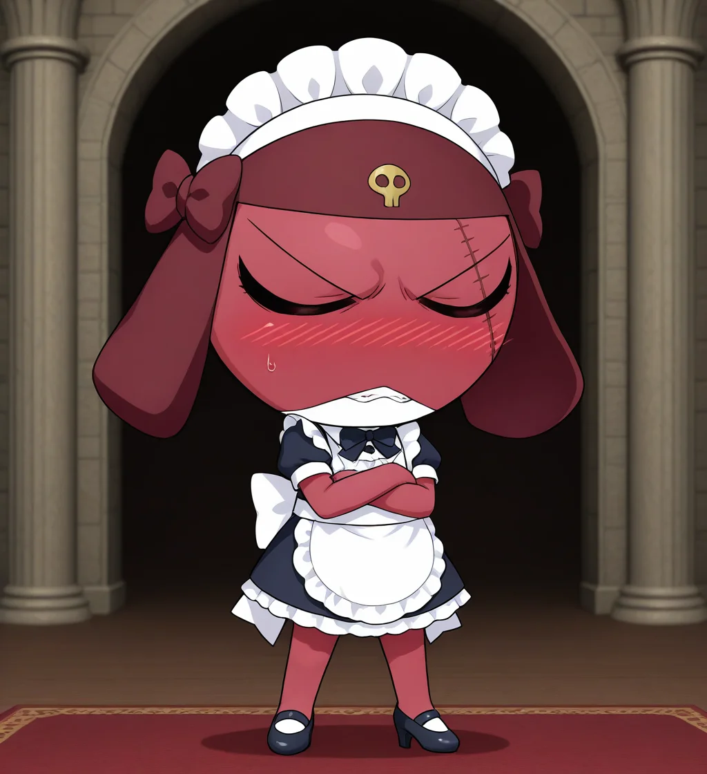 high resolution, best quality, 4k, 3d, 3d render, solo, blush, wavy mouth, clenched teeth, male, three-quarter view, crossdressing, maid outfit, black high heels, big bow, head bow, arms crossed, castle background, <lora:Giroro_-_Keroro_Gunsou:1> giroro, semi-anthro, chibi, keronian, red skin, two tone body, floppy cap, face scar, eye scar, eyes closed