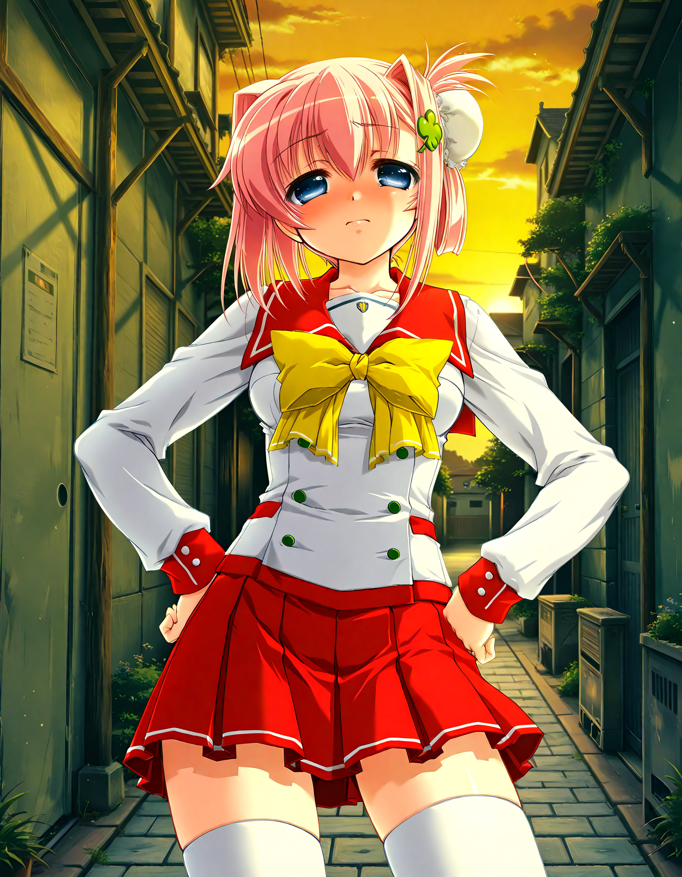 (1girl, solo:1.3), (2girls, 3girls, 4girls, multiple girls, 2boys, 3boys, 4boys, multiple boys:-1.5) <lora:Ainame_Chisato_Hachukano_Illustrious:0.9>, Ainame Chisato, medium breasts, blue eyes, pink hair, short hair, bangs, hair intakes, hair between eyes, sidelocks, bun cover, single hair bun, hair bun, four-leaf clover hair ornament, clover hair ornament, hair ornament, school uniform, serafuku, sailor collar, long sleeves, yellow bow, bowtie, pleated skirt, plaid skirt, red skirt, miniskirt, white thighhighs embarrassed, (half-closed eyes:0.7), general, contrapposto, dynamic pose, hands on own hips, upper body, straight-on, from below, dutch angle, outdoors, town, street, back alley, <lora:NOOB_EPSv1_1_detailer_by_vlnvk_v1_0:1.5>, (photo background:0.7), evening, (tachibana yuu:0.6), inue shinsuke, (kazuma muramasa:0.0), saikawa yusa, (aoi manabu:0.6), abarerumidori, (suzui narumi:0.6), masterpiece, newest, absurdres, 8K, anime screenshot, anime coloring, flat color, official art, film grain, <lora:illustriousXLv01_stabilizer_v1.185c:0.7>, <lora:LECO_Solo:-4.0>,