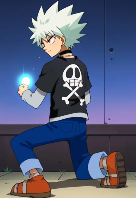 score_9, score_8_up, score_7_up, score_6_up, highly detailed,Good Colors, Glowing Skin, Good Shading, Good Eyes, Contrast Shading, 1boy,cute boy, male focus, solo, slim,
heppokomaru, white hair, spiky hair, orange eyes, golden earring, choker, silver necklace, black t-shirt, blue pants, orange shoes, 1boy, from behind