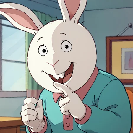 score_9, score_8_up, score_7_up BREAK BusterBax, 1boy, anthro bunny, white fur, white body, black eyes, buckteeth, pink-collared cyan long-sleeved polo shirt, jeans, red white shoes, smiling at viewer,