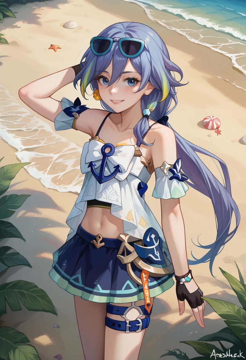 score_9, score_8_up, source_anime, HuaSeaSoar, blue eyes, blue hair, yellow streak, long hair, low ponytail, sunglasses on head, white camisole, spaghetti strap, anchor symbol, navel, arm garter, fingerless glove, single glove, white bikini skirt, blue thigh strap, outdoors, beach, smile, <lora:ChamFuHuaPonyXL:1>