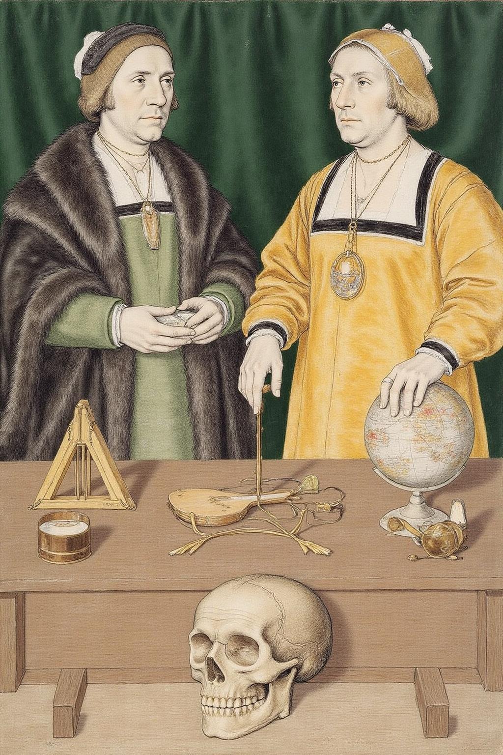 hansho1 monochromatic pencil drawing,
A detailed, Renaissance-style painting inspired by Hans Holbein the Younger's The Ambassadors (1533). Two distinguished men stand side by side, dressed in luxurious 16th-century attire. The man on the left wears a long, dark fur-lined robe over a green tunic, holding a closed book, while the man on the right is adorned in a bright silk tunic and a large chain, resting his arm on a globe. Between them, an elaborate wooden table displays an array of meticulously detailed objects symbolizing science, art, and exploration, including a lute with a broken string, a celestial globe, and various instruments like a quadrant and a sundial. The backdrop features a dark green curtain, and on the floor lies the famous anamorphic skull—a distorted, elongated image at the bottom of the composition. The lighting is soft yet precise, highlighting textures and intricate details, creating a scene rich with symbolism and Renaissance precision.  <lora:hansho2_nocap_d6a3e12:1.0><lora:817313361676132420:0>