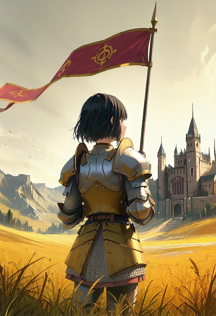 masterpiece, good quality, best quality, 2d, anime, Repanse, black hair, short hair, armor, solo, rear view, holding banner, looking at army, field, large camp, ontop of a castle wall
<lora:RepansedeLyonesse_Vpred:0.8>