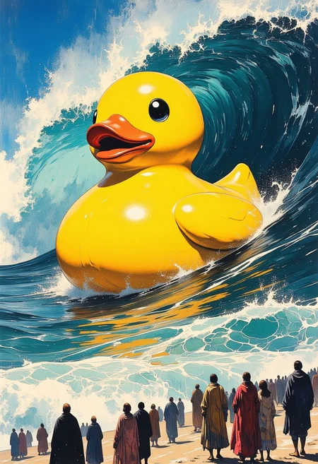mythp0rt, ArsMJStyle, FFAIM, impressionism, detailed massive rubber ducky on a huge wave near the beach crowded with people, view from far away, bright colors, sharp and smooth,