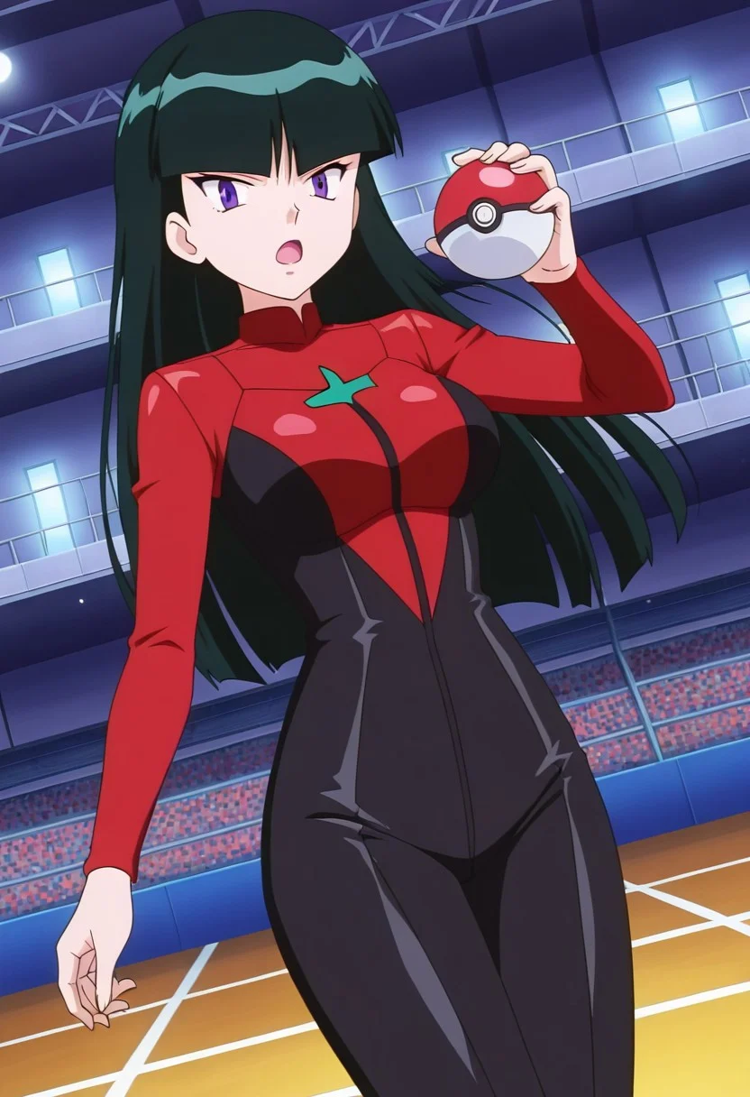 general,highres, ultra-detailed,very aesthetic,best quality ,best hands,best eyes,easynegative,
dynamic anglre, dutch angle, anime cloring,anime screencap,
1girl solo,looking at viewer,arena,indoors,holding poke ball,open mouth,
Sablina,blunt bang,black hair,large breasts,purple eyes,bodysuits,