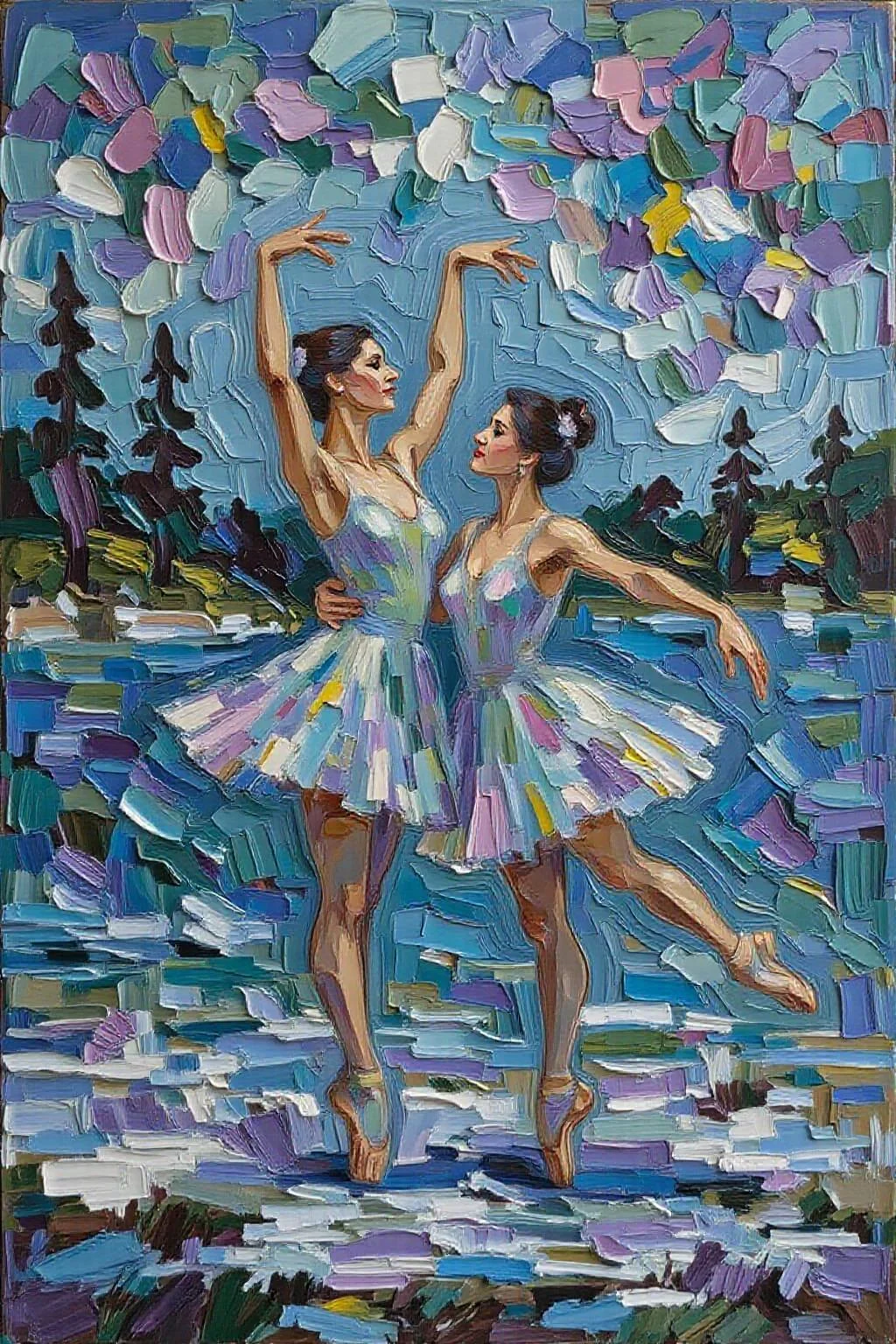impasto oil painting. a ballet dancing scene from Swam Lake by Tchaikovsky <lora:Flux-Sch-SingleBlocks-BF16:1.0> <lora:impasto6_cap_d6a3e11:1.0><lora:804334588982756759:0>