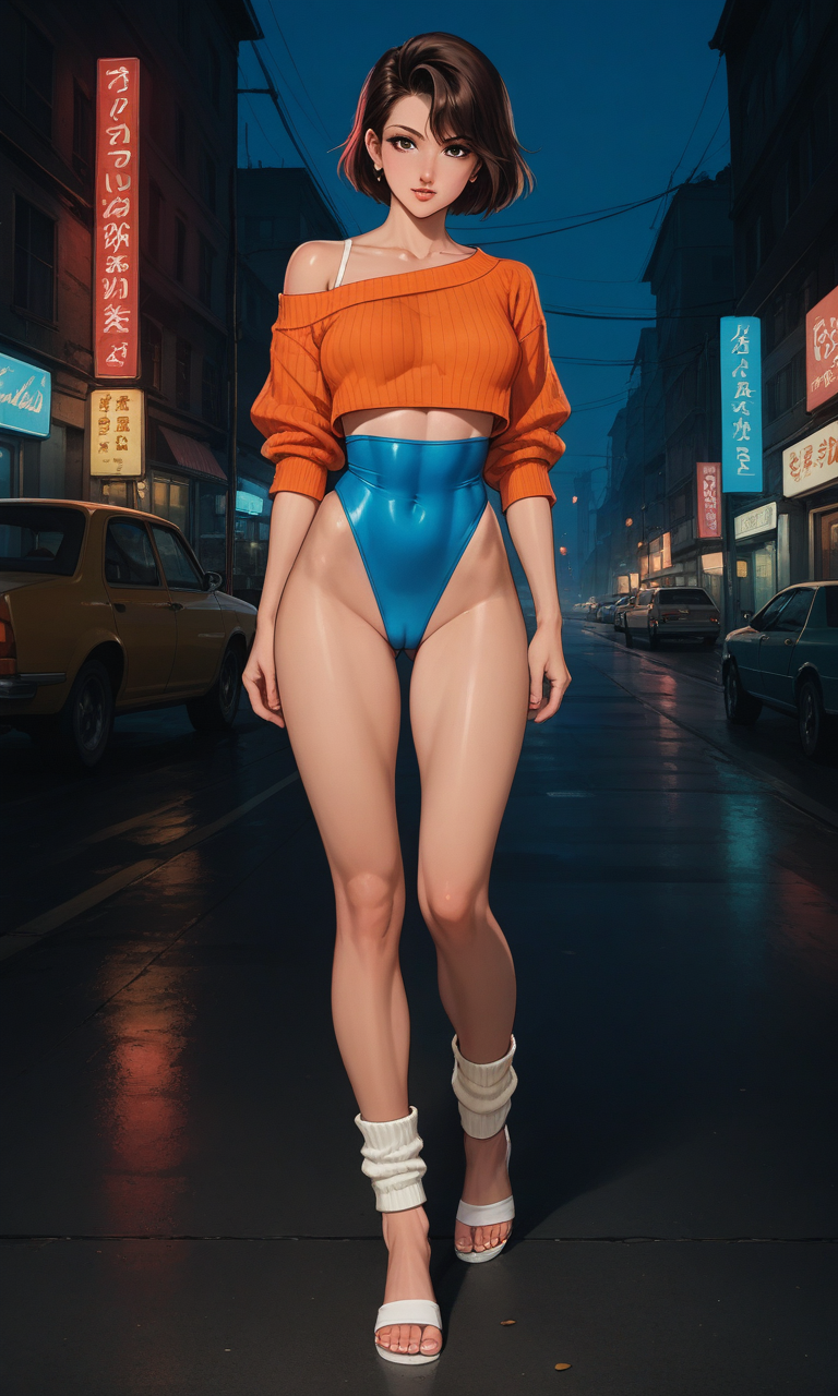 source_anime, ((score_9)),score_8_up,score_7_up,score_6_up,score_5_up,score_4_up,, retro_workoutwear, 1woman, 1980s_(style), aerobics, stirrup_legwear, open-bust_leotard, off_shoulder, highleg_leotard, leg_warmers, thong_leotard, aerobics, cropped_sweater, neon, leggings, tented_shirt, cameltoe, skintight, see-through
