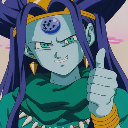 masterpiece,best quality,amazing quality,<oceanus_shenron:1>,screencap,dragon ball z art style,1girl,solo,o.s.d.g,aqua skin,blue skin,very long hair,purple hair,blue eyes,dress,blue dress,aqua dress,jewelry,gold headdress,gold earrings,multiple bracelets,multiple anklets,necklace,scarf,smile,thumbs up,looking at viewer,upper body portrait,indoors,bedroom