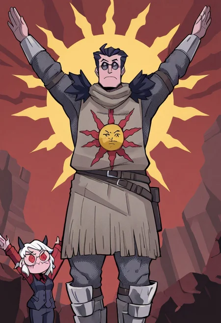 masterpiece, best quality, newest, absurdres, highres, anime, anime style, PraiseTS-V1.0, \o/, outstretched arms, praise the sun, arms up, 1boy, helltaker \(helltaker\), black hair, short hair, muscular, muscular male,
sunglasses, glasses,
SOA-ARMOR-V1.0, armor, sun symbol, chainmail, full armor,