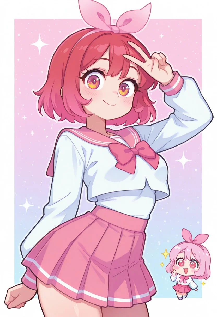 incredibly_absurdres, amazing_background, best quality, pastel_colors, bright_colors, colorful, soft_colors, chibi, star_(symbol), sparkle, white border, hibari, 1girl, red eyes, red hair, short hair, pink hair ribbon, hair ribbon, pink bow, white shirt, cropped jacket, long sleeves, pink skirt, mini skirt, pleated skirt, v, hand up, v over head, smile, kawaii_babes_style, SNRA-illu
