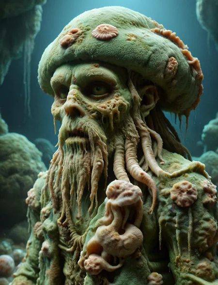 Davy Jones from Pirates of the Caribbean, squid beard, seashells, ral-mold, 8k, F2.8, RAW Photo, ultra detailed, <lora:ral-mold:0.8> <lora:ral-mythcr:0.5>