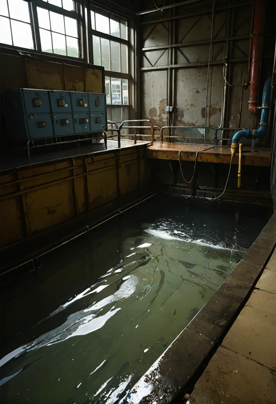 ,ruanyi0826,water,cable,indoors,drainpipe,dark,<lora:0826 abandoned sewer_v1_pony:1>, score_9,score_8_up,score_7_up,,8k,1girl,solo,,
