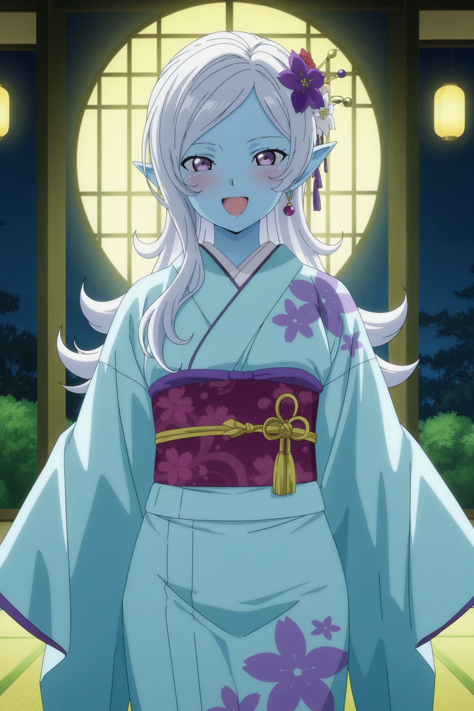 anime screencap, masterpiece, best quality, amazing quality, very aesthetic, absurdres,  newest, (scenery, volumetric lighting),
official style, 1girl, solo, long hair, looking at viewer, smile, open mouth, hair ornament, cowboy shot, purple eyes, flower, white hair, earrings, japanese clothes, pointy ears, hair flower, kimono, sash, colored skin, obi, floral print, blue skin, arms at sides
 <lora:Towa_IL:0.8>