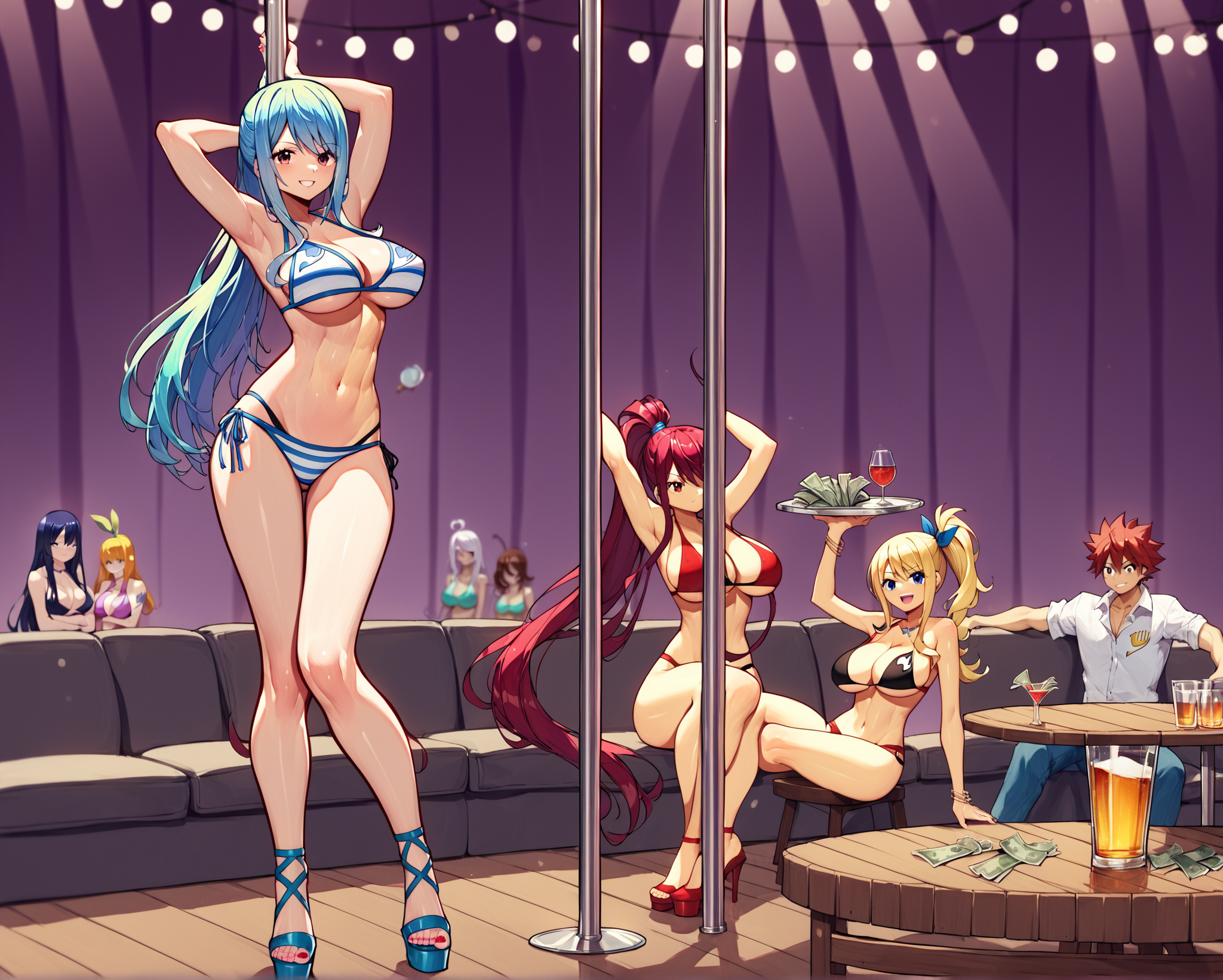 score_9, score_8_up, score_7_up, source_anime, BREAK  3girls, fairy tail style, lucy heartfilia, erza scarlet, juvia lockser, private club, bikini, pole dancing, tray, alcohol, money, <lora:Private_Club:1>, rating_questionable
