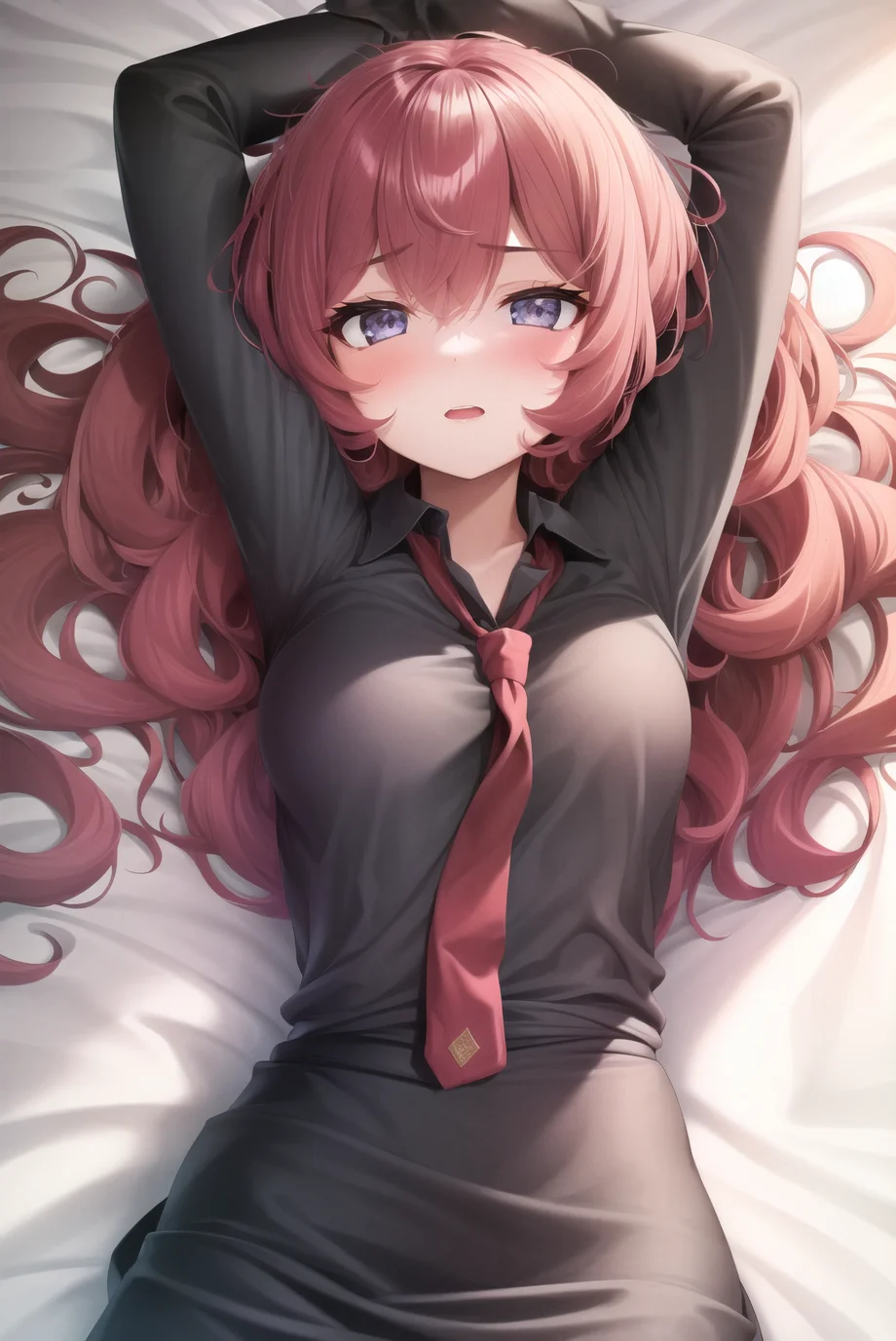 1girl, solo, black shirt,red hair,red necktie, lying,on back,bed,arms up,military uniform,small breasts, pencil skirt,masterpiece, highres, best quality