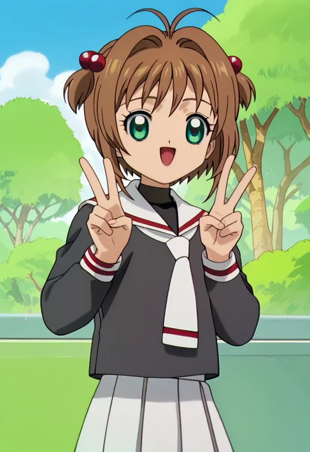 score_9,score_8_up,score_7_up, anime screencap, source anime, anime screenshot, anime coloring, himitsustyle, solo female, 1girl, SakuraPony, green eyes, brown hair, short hair, antenna hair, hair intakes, flat chest, hair bobbles, short sleeves, looking at viewer, tomoeda elementary school uniform, white skirt, pleated skirt, black shirt, white sailor collar, white neckerchief, long sleeves, outdoors, looking_at_viewer, cowboy shot, smile, open mouth, peace sign, school campus,