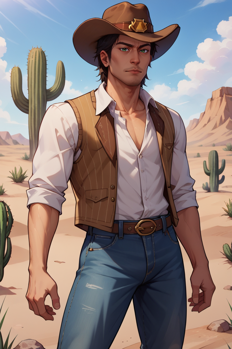 score_9, score_8_up, score_7_up, BREAK, 1boy, solo,  <lora:akiyama-guy-PONYv1:.9>, akiyama, cowboy hat, jeans, cow print, vest, desert, cactus, tumbleweed, toned,