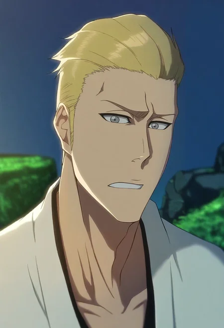 masterpiece, best quality, , intricate details, looking at viewer, depth of field, 1boy, male focus, grey eyes, honey blonde hair, slick back,, solo, haunted garden, overgrown paths, misty pools, stone angels, exploring pose, wary expression, twilight, <lora:bleach_tybw_style_ilxl:0.94>, bleach_tybw_style,