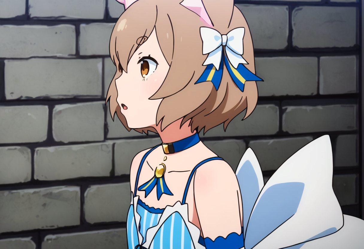 <lora:felix_argyle:1> dress, felix argyle, male focus, 1boy, animal ears, otoko no ko, choker, bow, brown hair, solo, from side, detached sleeves, cat ears, white bow, dress bow, hair bow, bolo tie, brick wall, short hair, spaghetti strap, vertical-striped dress, striped dress, upper body, pendant, striped, ribbon, bare shoulders, thick eyebrows, blue choker, bangs, profile, parted lips, collarbone, striped ribbon, jewelry, large bow, blue ribbon, vertical stripes, short eyebrows, arm ribbon, open mouth, brown eyes, blue dress, lace-trimmed sleeves, frills, hair between eyes, parted bangs, hair ribbon, eyelashes