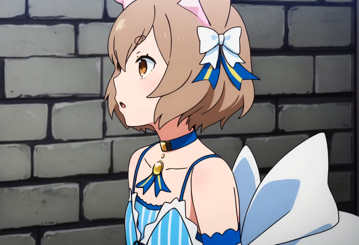 <lora:felix_argyle:1> dress, felix argyle, male focus, 1boy, animal ears, otoko no ko, choker, bow, brown hair, solo, from side, detached sleeves, cat ears, white bow, dress bow, hair bow, bolo tie, brick wall, short hair, spaghetti strap, vertical-striped dress, striped dress, upper body, pendant, striped, ribbon, bare shoulders, thick eyebrows, blue choker, bangs, profile, parted lips, collarbone, striped ribbon, jewelry, large bow, blue ribbon, vertical stripes, short eyebrows, arm ribbon, open mouth, brown eyes, blue dress, lace-trimmed sleeves, frills, hair between eyes, parted bangs, hair ribbon, eyelashes