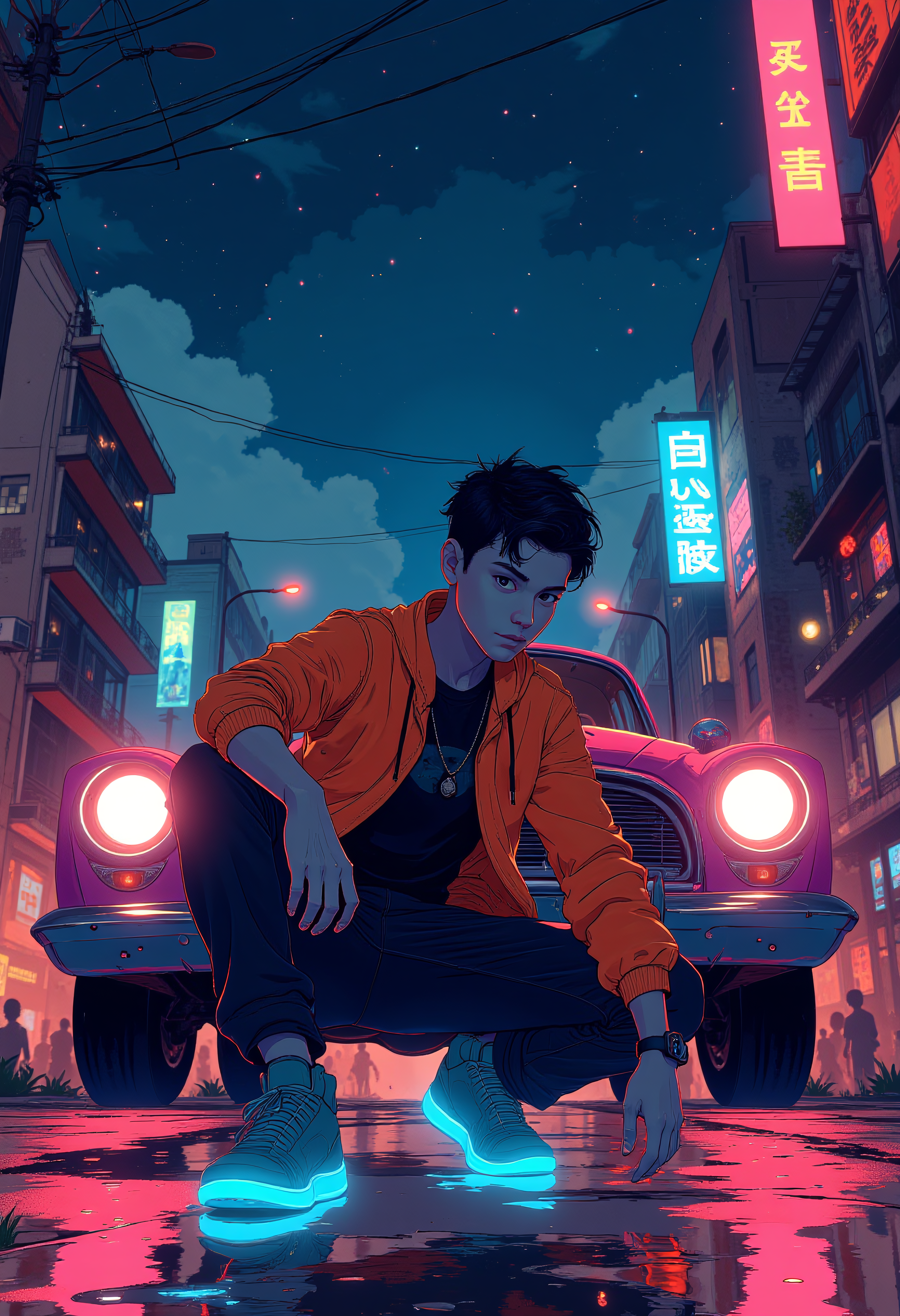 A young driver with glowing sneakers and jacket squatting and poses hard in front of a glowing classic car in the city, starry night, urban life, epic scene, vibrant glow