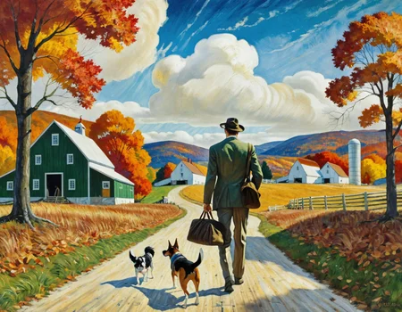 a Wyeth painting of a serene rural landscape, depicting a man dressed in a formal suit, standing at a crossroads. He faces away from the viewer, gazing down a dirt path that leads toward a picturesque farm setting. The scene is framed by a large white barn and a red silo on the left, while a charming house sits to the right, complete with a porch and colorful autumn foliage surrounding it. In the foreground, the man appears contemplative, holding a hat in his right hand, while a small travel bag rests on the ground beside him. A playful dog runs joyfully toward him, adding a sense of warmth to the scene. The background features rolling hills under a bright blue sky with fluffy white clouds, enhancing the tranquil atmosphere. The colors are rich and inviting, with warm oranges and deep greens reflecting the season of fall. This composition captures themes of nostalgia, the simplicity of rural life, and a moment of decision or reflection..<lora:NCWyeth1-000005:1>