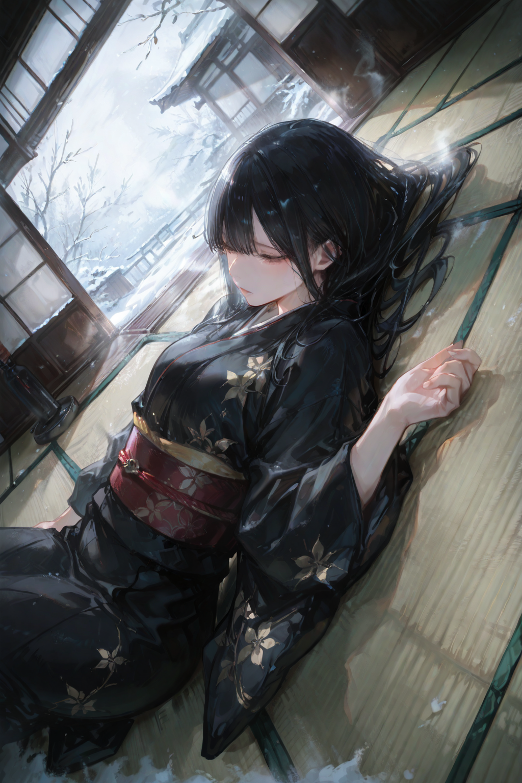 artist:, masterpiece, newest, very aesthetic, very awa, absurdres, highres, 1girl, long straight black hair, looking outside, black kimono, lying on tatami, indoor, on back, sick, exhaust, snowy outside, view from above, dutch angle, hands on ground