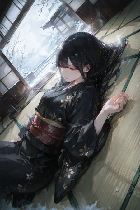 artist:, masterpiece, newest, very aesthetic, very awa, absurdres, highres, 1girl, long straight black hair, looking outside, black kimono, lying on tatami, indoor, on back, sick, exhaust, snowy outside, view from above, dutch angle, hands on ground