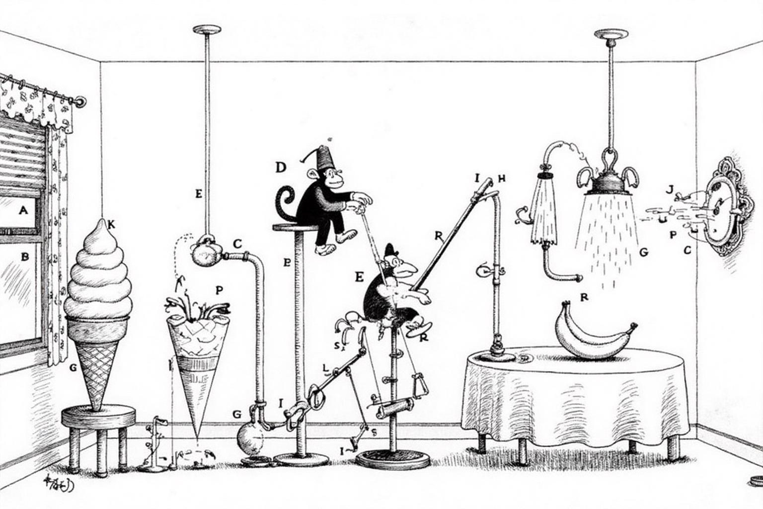 rugo1 illustration. 
a whimsical and surreal scene of a room filled with various contraptions and objects. A large, exaggerated, cartoonish ice cream cone (D) is placed on a small stool with a handle, positioned on the left side of the room. In the ceter is a monkey wearing a fez, sitting on top of a tall school. On the right is a table with two bananas on it.
 <lora:rugo1_cap_d6a3e11:1.0><lora:828772145443201996:0>