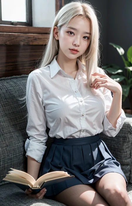 cinematic photo "A close-up portrait of a 17-year-old girl with flowing white hair, sitting attractively with her legs crossed while reading a book. She is wearing a crisp white shirt and a stylish pink school uniform skirt. The scene takes place in a bright and relaxed atmosphere at dawn, with the soft light of the early morning illuminating her surroundings. The background features a blue roof and white walls, enhanced by the warm glow of the rising sun. Her expression is focused and content as she immerses herself in the book, with her white hair cascading around her, creating a cozy and inviting ambiance."
<lora:Better_Pose:1> <lora:fluxenhancer:1> <lora:sparklycism:1>, <lora:Tangbohu_real_style_FLUX_type_A:1>, 35mm photograph, film, (bokeh:1.3), professional, 4k, highly detailed