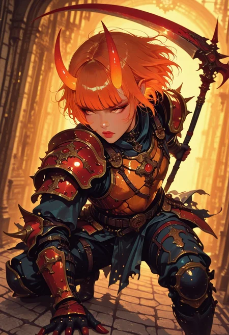 masterpiece, best quality, good quality, very aesthetic, absurdres, newest, 8K, depth of field, focused subject, in the style of cknc, artist:moriimee, in the style of cksc,  BREAK asian young oni demon, irridescent scale armour, bangs, long bright orange bioluminescent hair, red plated armour, holding scythe, battle stance, dynamic angle, ancient fantasy city, battle-ready stance, dynamic pose, golden hour, directional lighting, viewed from above