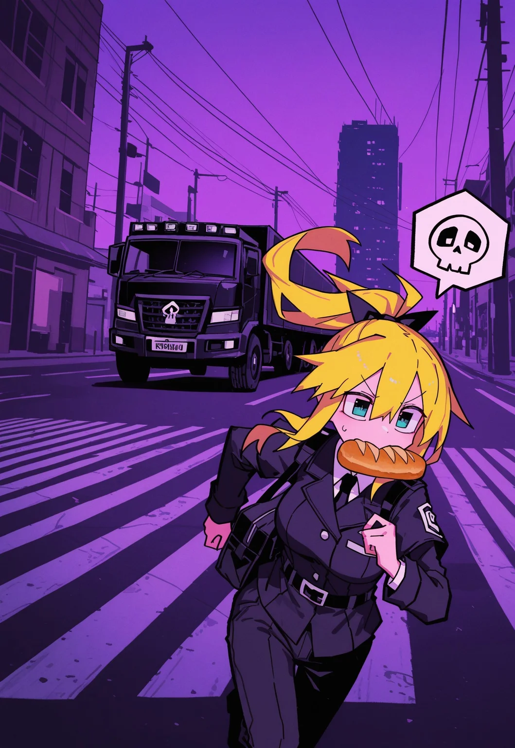 full_composition, p4r0llel_style, [photo background],
ominous vehicle, giant truck,
solo, crosswalk, running, cowboy shot, bread in mouth,
uniform, bag, high ponytail, long hair, yellow hair, high contrast,
parody,
spoken skull, comedic sweatdrop,
tabisumika, (qqqrinkappp:0.5),
masterpiece, best quality, absurdres, [dynamic pose]