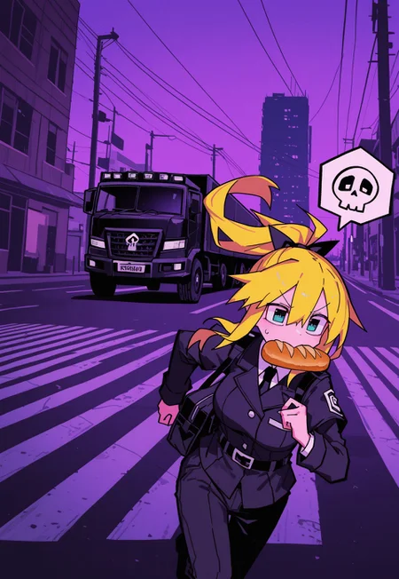 full_composition, p4r0llel_style, [photo background],
ominous vehicle, giant truck,
solo, crosswalk, running, cowboy shot, bread in mouth,
uniform, bag, high ponytail, long hair, yellow hair, high contrast,
parody,
spoken skull, comedic sweatdrop,
tabisumika, (qqqrinkappp:0.5),
masterpiece, best quality, absurdres, [dynamic pose]