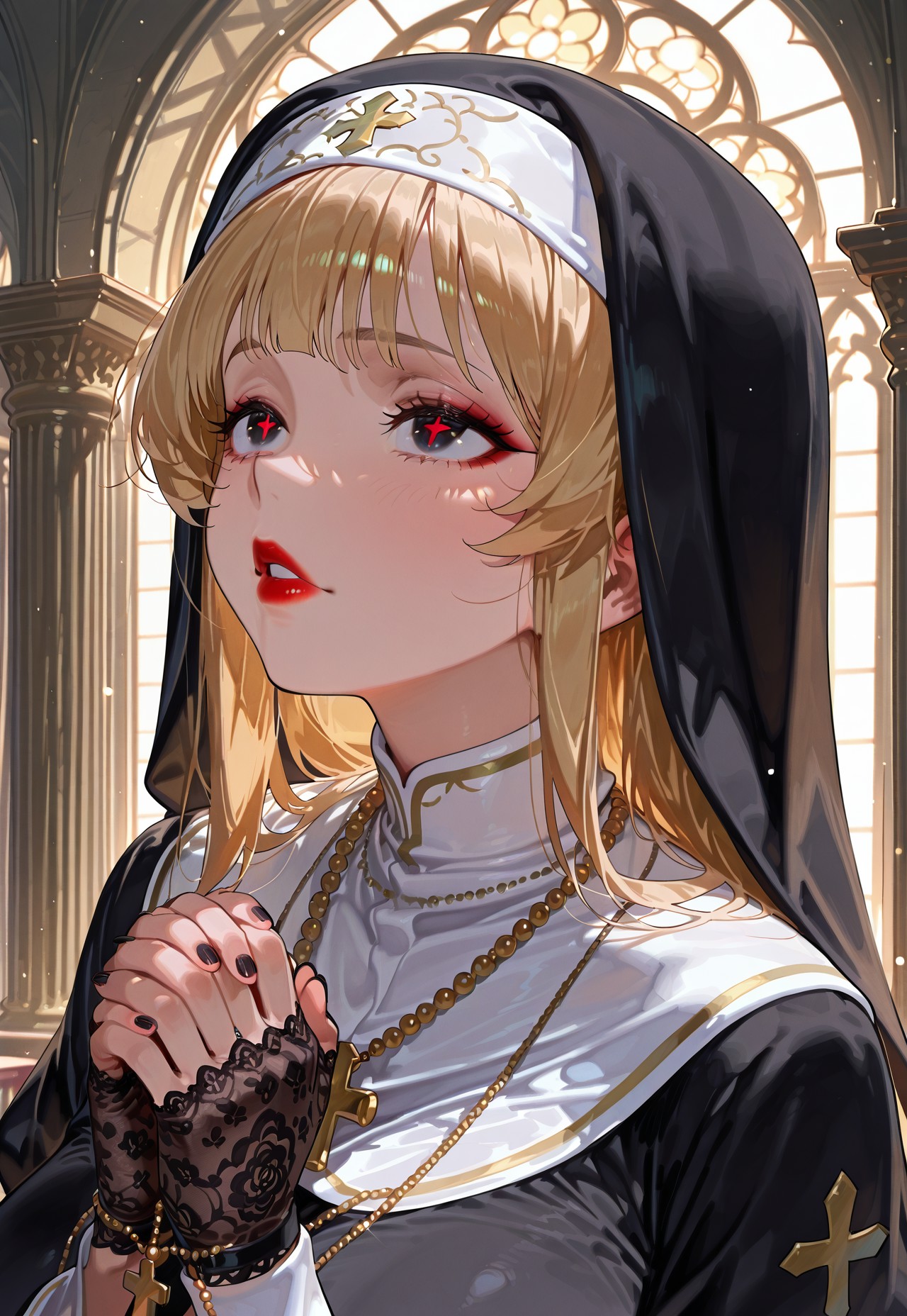 (score_9, score_8_up, score_7_up), masterpiece, detailed, anime, very aesthetic, 1girl, nia4294, nun, in confession box, face focus, close up, beautiful face, makeup, eye shadow, cross pupils, detailed eyes, looking up, praying, black nail polish, nun headress, lace fingerless gloves, huge breasts, black robe, volumetric lighting, light particles, boob cut out, rosary necklace, blonde hair, deep red lips, side view 