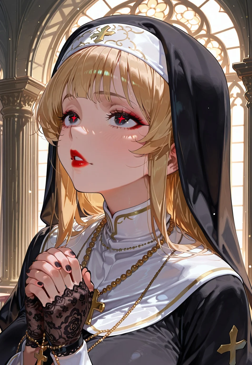 (score_9, score_8_up, score_7_up), masterpiece, detailed, anime, very aesthetic, 1girl, nia4294, nun, in confession box, face focus, close up, beautiful face, makeup, eye shadow, cross pupils, detailed eyes, looking up, praying, black nail polish, nun headress, lace fingerless gloves, huge breasts, black robe, volumetric lighting, light particles, boob cut out, rosary necklace, blonde hair, deep red lips, side view