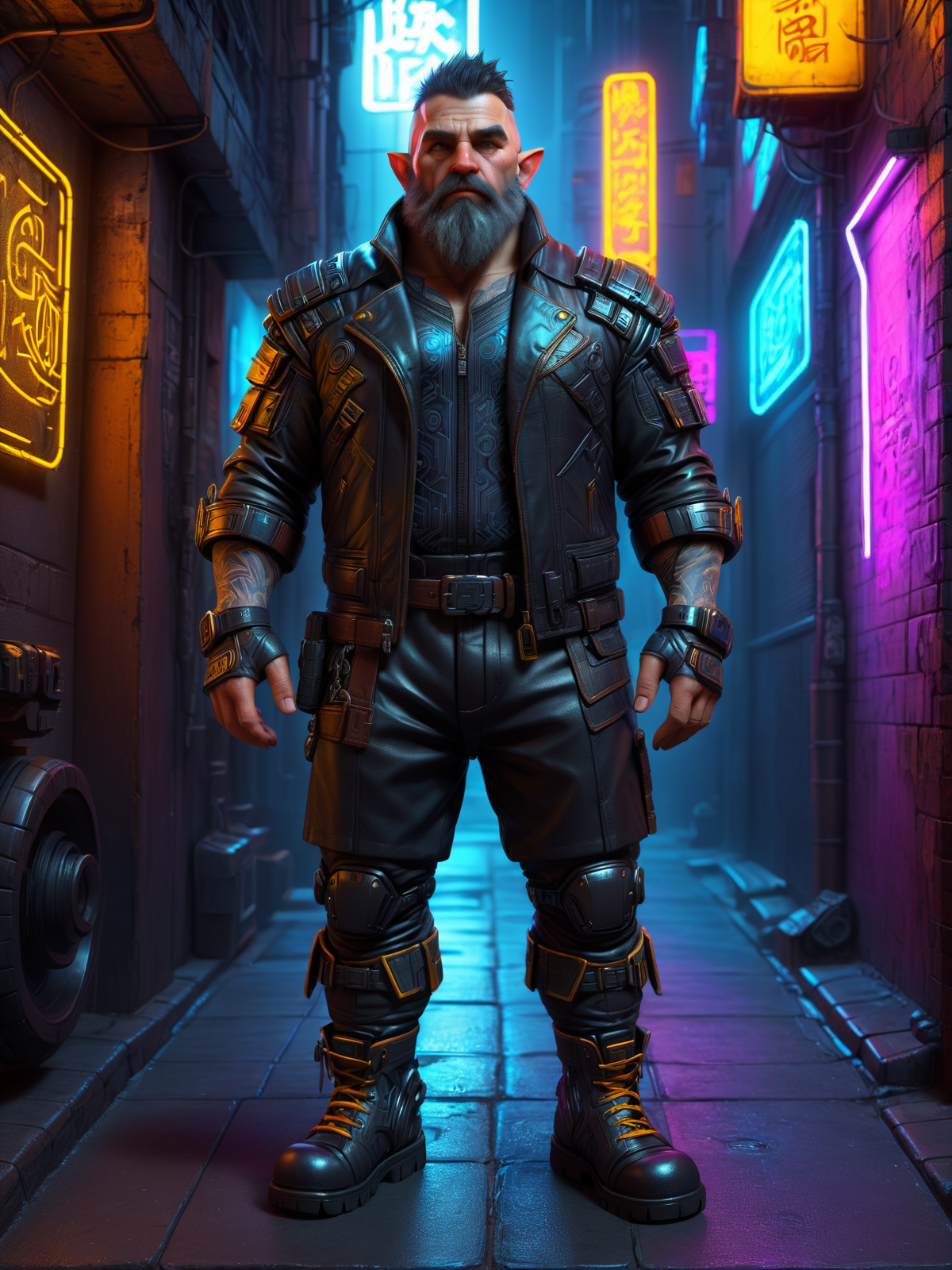 man, dwarf, short, cyberpunk, leather clothes, side alley, neon lights <lora:Neon_Cyberpunk_SDXL_Dwarves:0.8>, (masterpiece:1.2), best quality, (hyperdetailed, highest detailed:1.2), high resolution textures